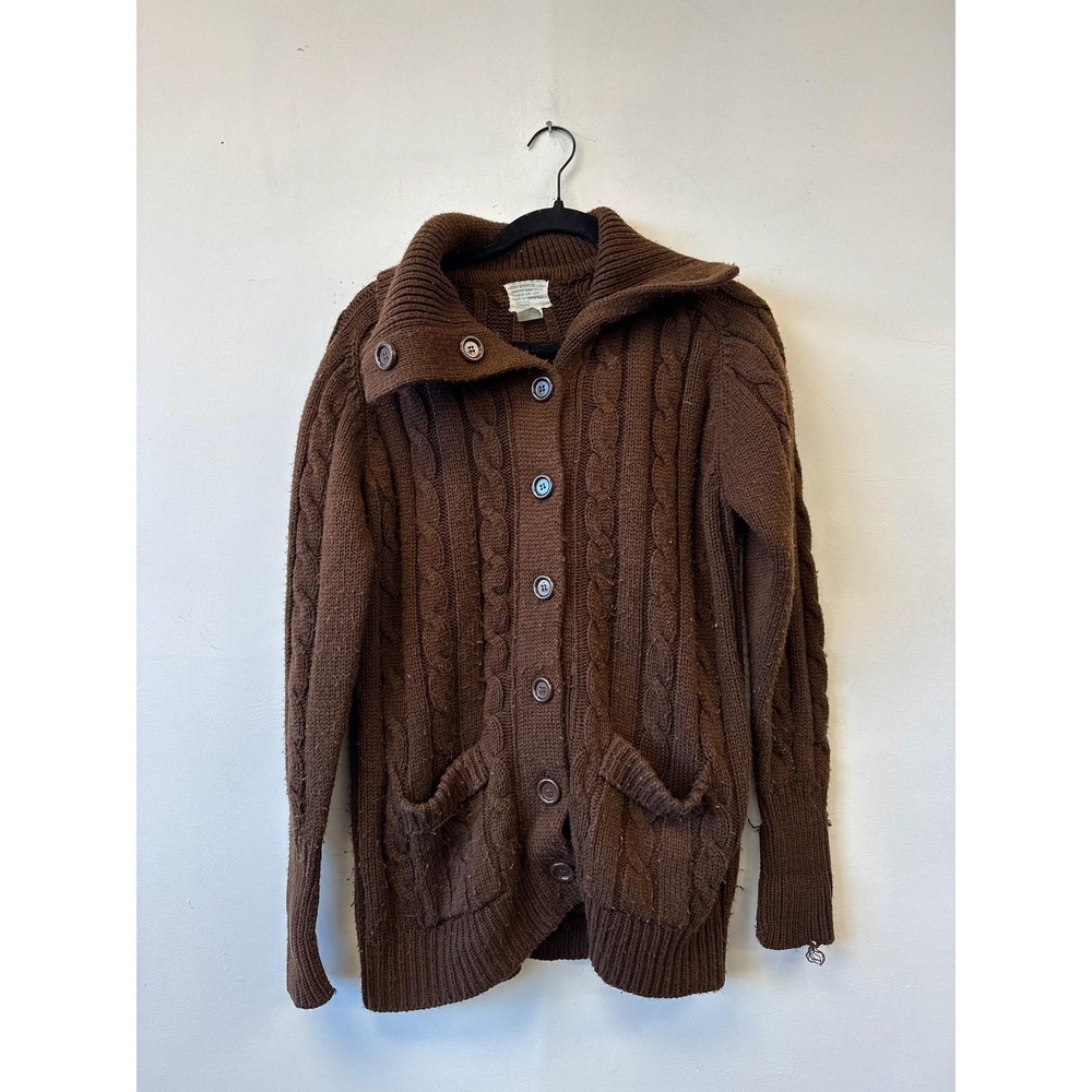 Vintage Sears Sweater Womens Medium Brown Cable Knit Button‎ Front Shawl Collar